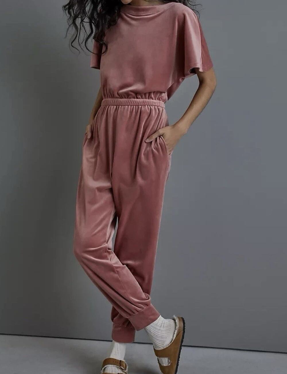 Anthropologie Saturday/Sunday Fawn Linda Velvet Jumpsuit Size M